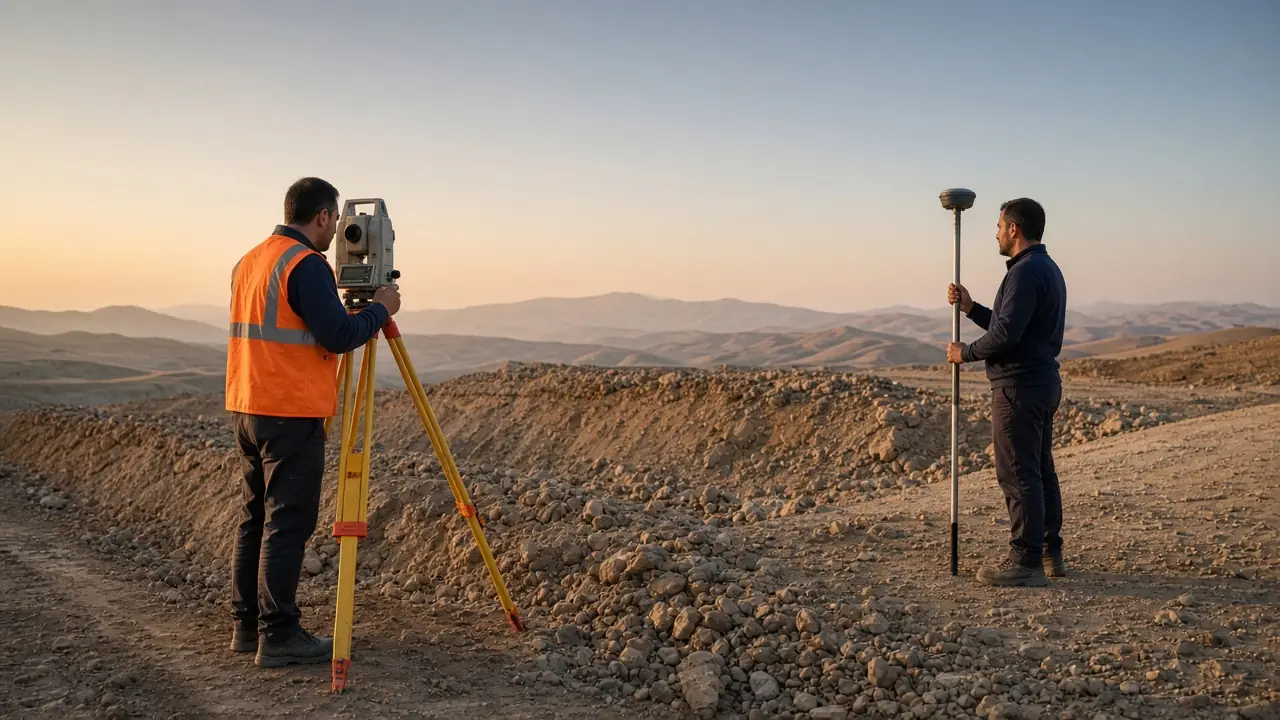 Total station ve GNSS ile açık arazide ölçüm yapan harita ekibi